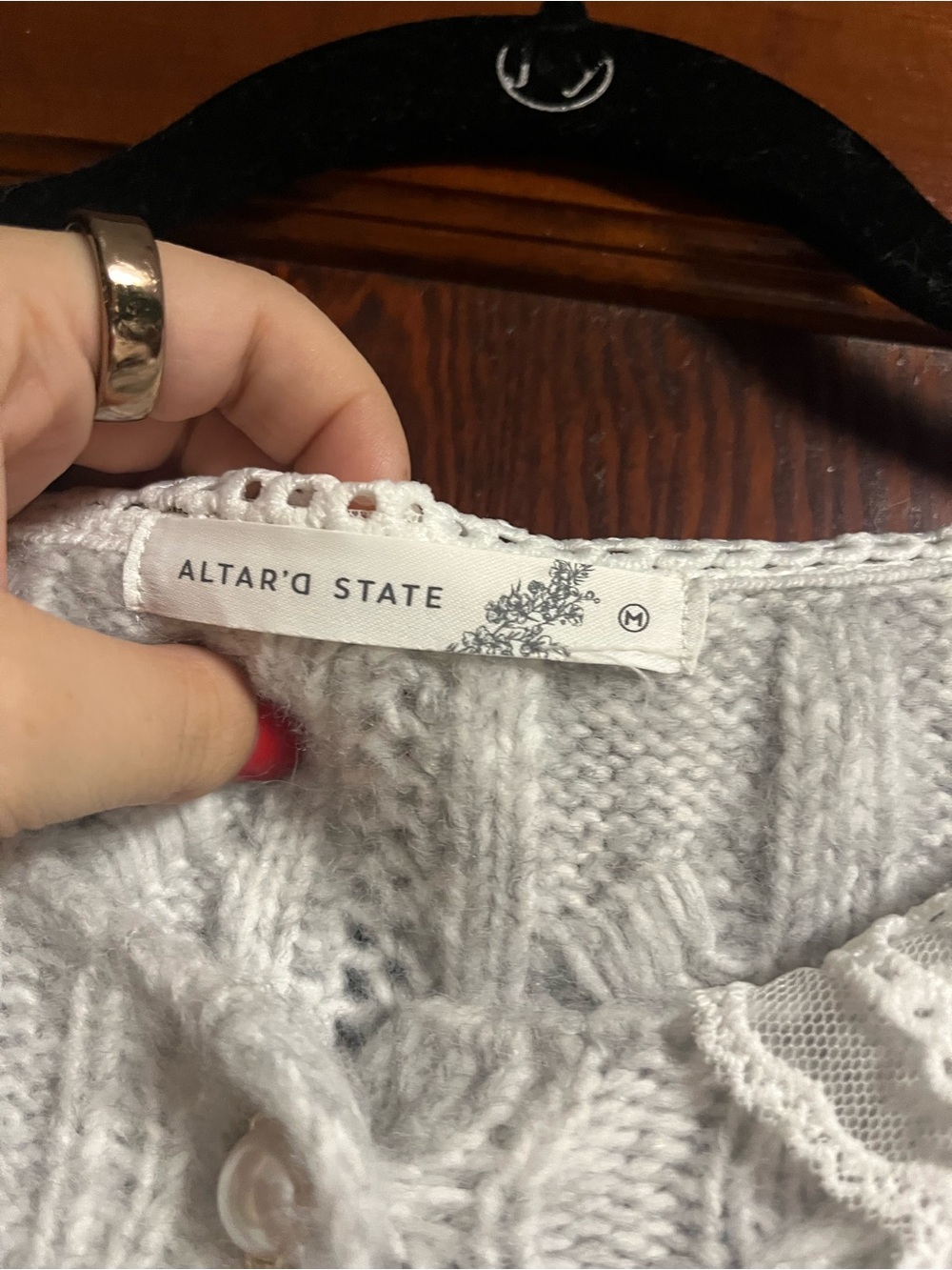 Altar'd State Lace-Collar Cable Knit Cardigan - Light Heather Gray NWT - Picture 3 of 7